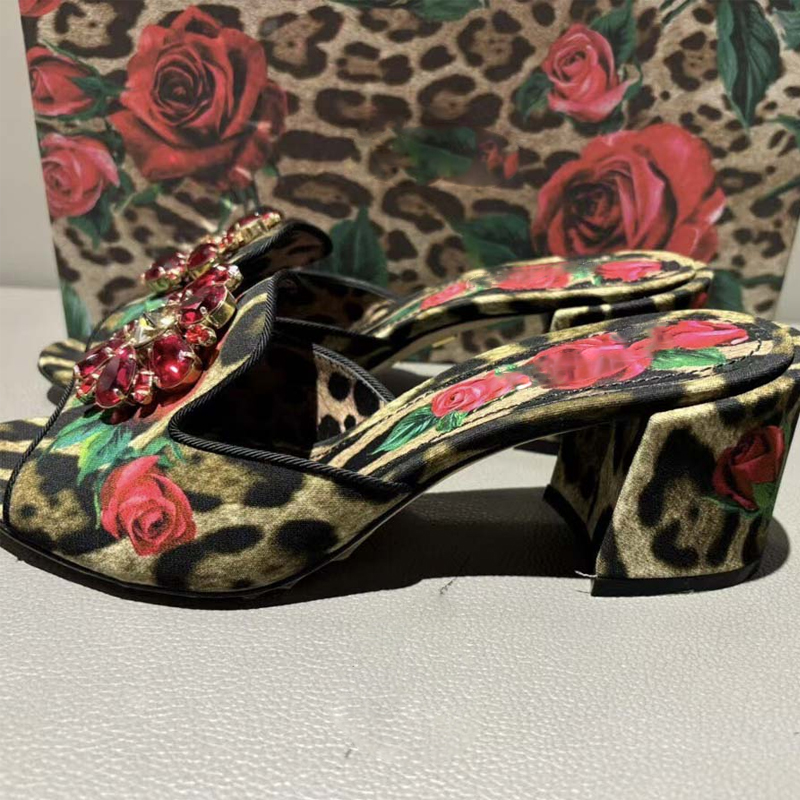 Leopard Print Heels - Leoparden-Rosen-Print Strass-Blumen Blockabsatz Mules Pantoletten Damen