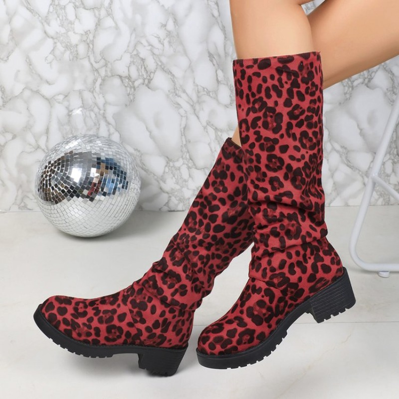 Leopard Print Heels - Winter Damen Stiefel mit Blockabsatz, runder