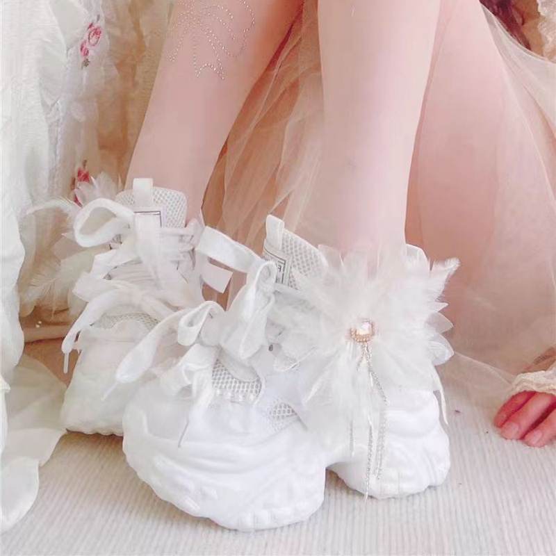 Women'S Shoes Hands Free - Weiße florale Spitze Strass Quaste Perle