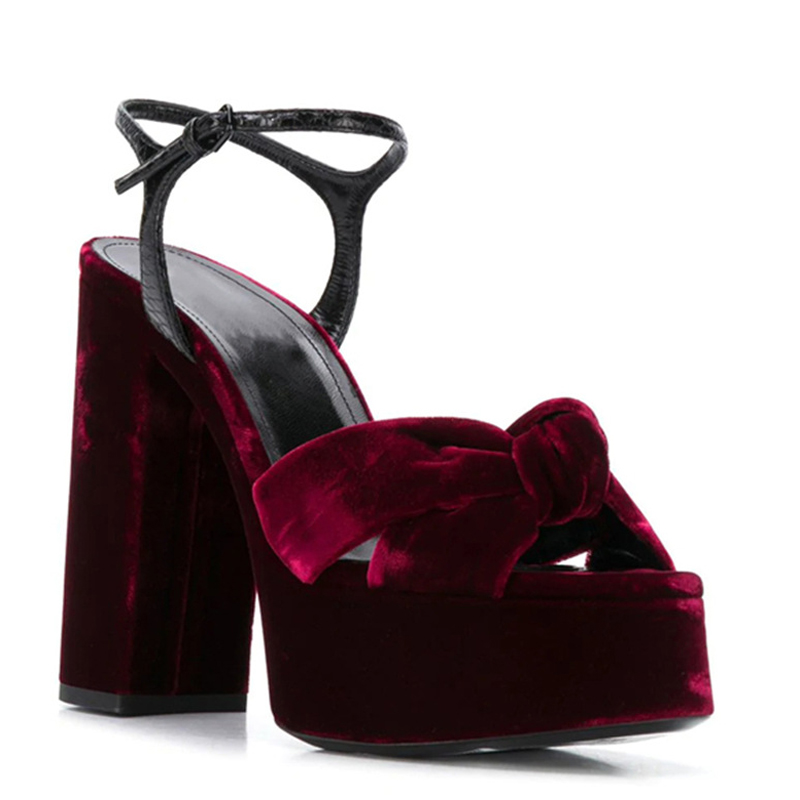 Women'S Shoes Burgundy - Burgunderrote Peep-Toe-Plateau-Sandalen mit Samtknoten, 14 cm,