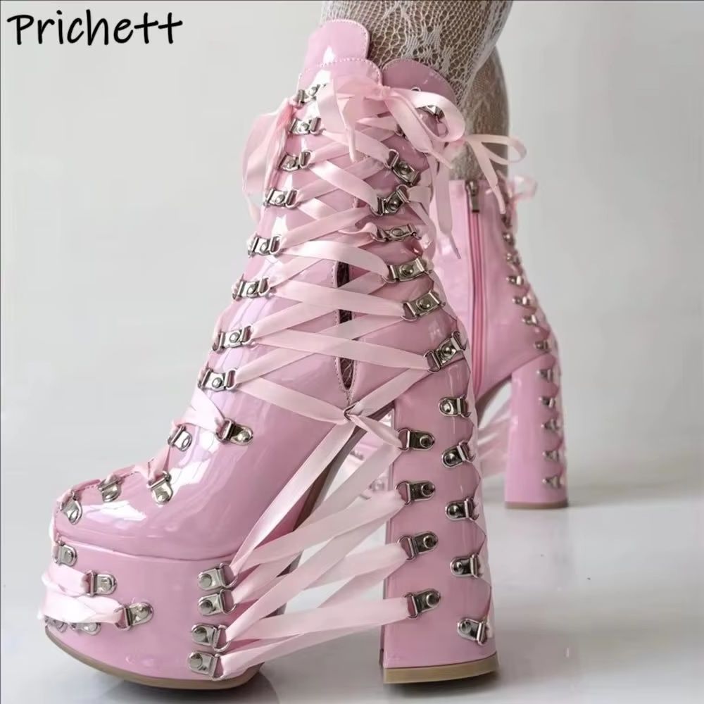 Ribbon Tie Heel - Schwarz Rosa Kreuz Gebunden Stiefeletten Band