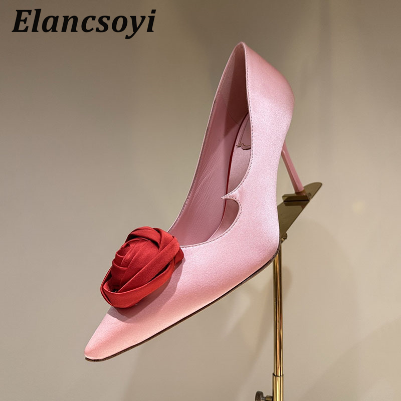 Women Shoes Logo - Rosenblüten-Dekor Hochhackige Damen-Satinpumps Spitze Zehe Dünner