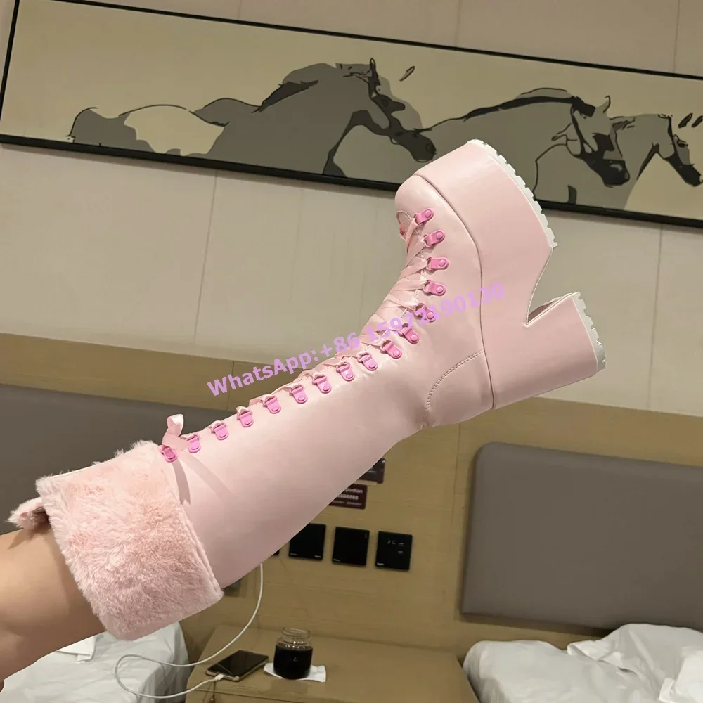 Ribbon Tie Heel - Rosa Flauschige Stiefel mit Dicker Sohle,