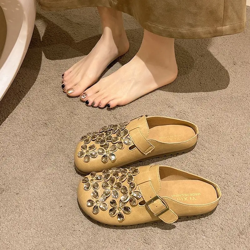 Women'S Shoes Clogs - Damen-Clogs mit Blumenmuster und Strass-Schnalle, geschlossener