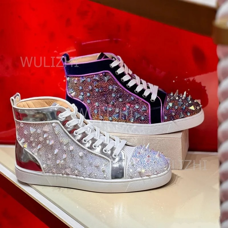 Women'S Shoes Red Bottoms - Dunkelviolette Kristall-Nieten-Sneaker für Herren mit Flacher