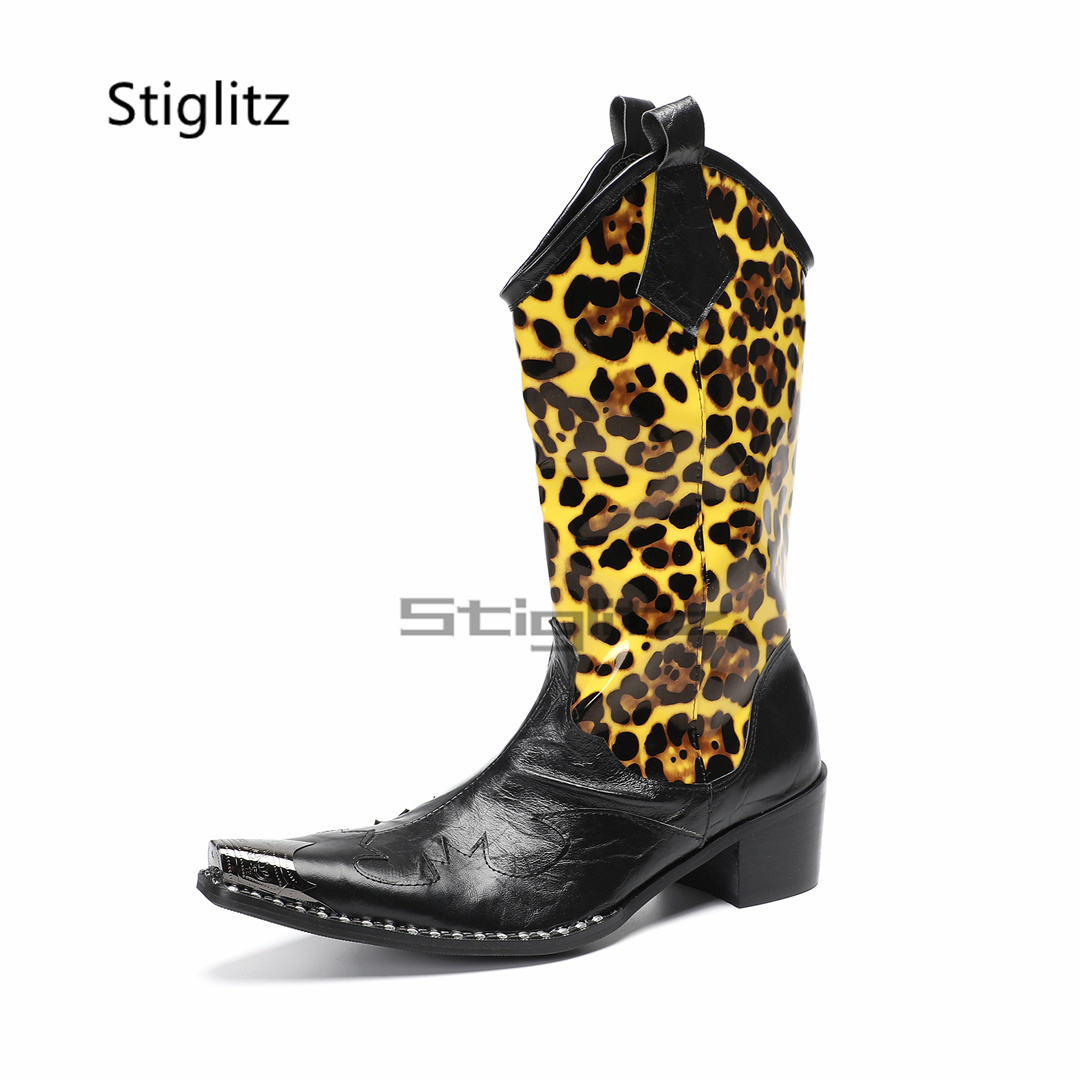 Leopard Print Heels - Herren-Reitstiefel mit Leopardenmuster, Stickerei, Totem, echtes